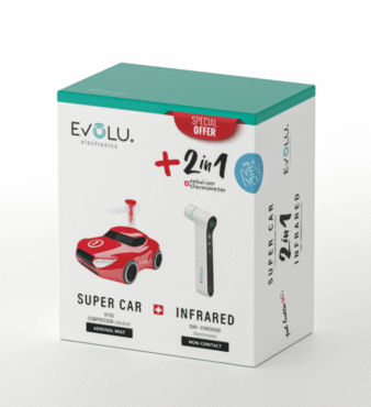 Evolu komplekt: kompressorinhalaator Super Car + kontaktivaba termomeeter